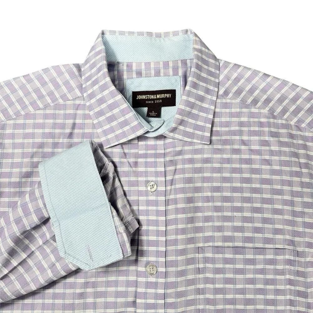 Johnston & Murphy Sz L Shirt Men Lavender Collared Long Sleeve Button Grid Plaid